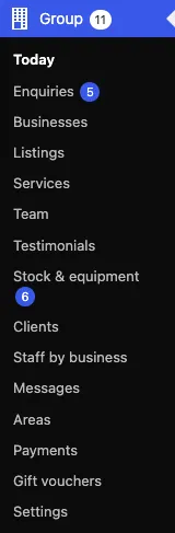 The Group menu with its red number 11, and Today, Enquiries (5), Businesses, Listings, Services, Team, Testimonials, Stock & equipment (6), Clients, Staff by business, Messages (no number: the enquiries are counted once, under Enquiries), Areas, Payments, Gift vouchers and Settings
