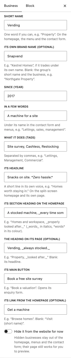 The business box open in the sidebar, showing Short name, Its own brand name, Since (year), In a few words, What it does (tags), the headline fields, Its main button and the Hide it from the website for now switch