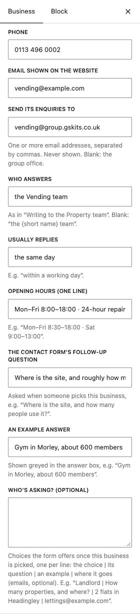 The Contact and enquiries box open, showing Phone, Email shown on the website, Send its enquiries to, Who answers, Usually replies, Opening hours, the follow-up question, the example answer and the Who's asking choices