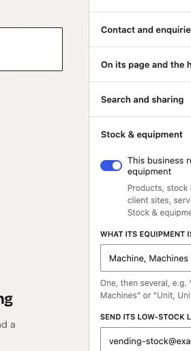 The Stock & equipment box open, with the This business runs stock and equipment switch (on), What its equipment is called, Send its low-stock list to and What its listings are called