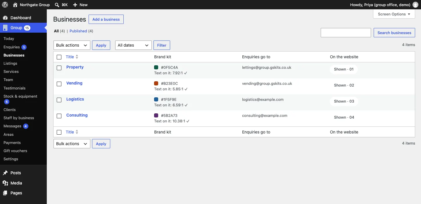 The Businesses list showing Property, Vending, Logistics and Consulting, each with its brand colour and a contrast check such as "Text on it: 7.92:1 ✓", the email its enquiries go to, and "Shown · 01" to "Shown · 04"