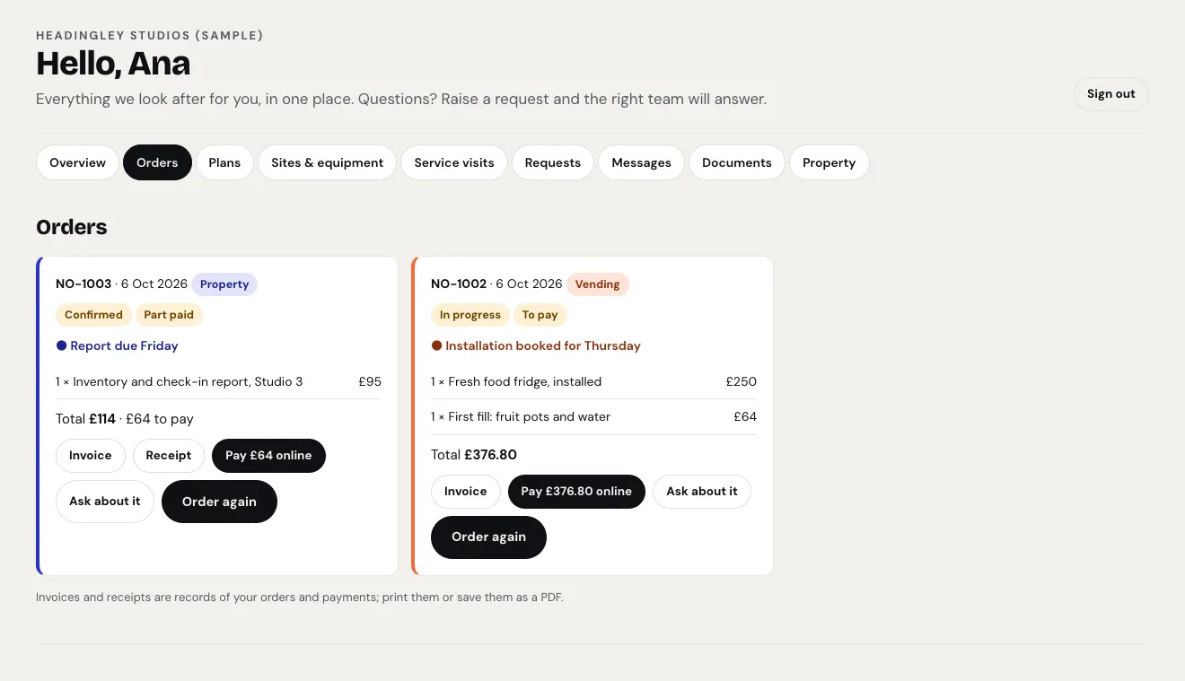 Two orders in the client area: NO-1003 from Property, Confirmed and Part paid, "Report due Friday", one inventory report, total £114 with £64 to pay, and NO-1002 from Vending, In progress and To pay, "Installation booked for Thursday", total £376.80, each with Invoice, Pay online, Ask about it and Order again buttons