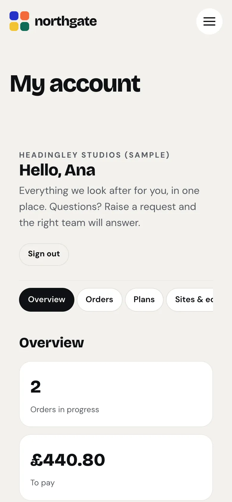The client area on a phone: My account, Headingley Studios (sample), "Hello, Ana", the welcome line, Sign out, the row of tabs starting with Overview, Orders and Plans, and the overview figures stacked in one column, starting with 2 orders in progress and £440.80 to pay