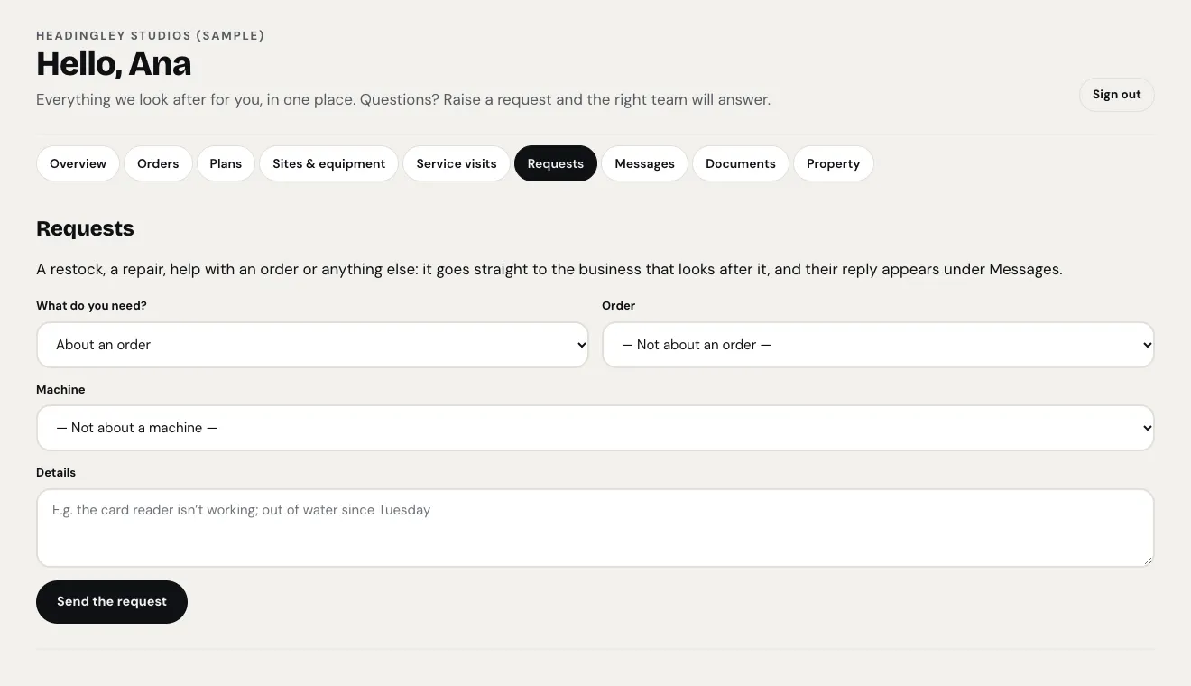 The Requests form: "A restock, a repair, help with an order or anything else: it goes straight to the business that looks after it, and their reply appears under Messages", with What do you need?, Order, Machine and Details boxes and a Send the request button