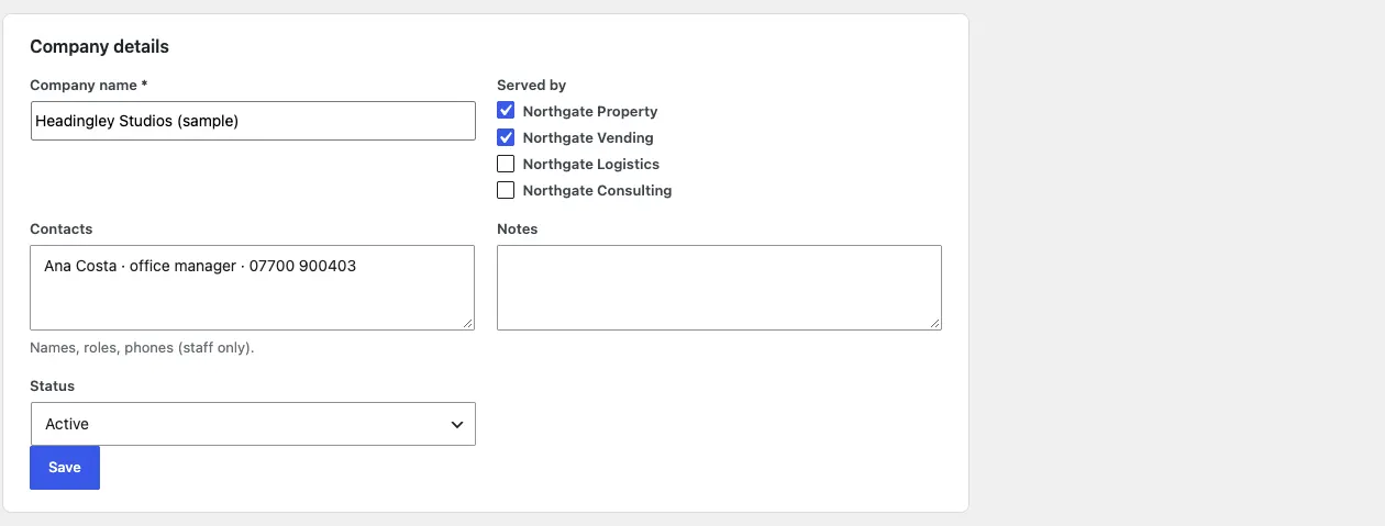 The Company details box open on a client's page, with the company name, the businesses that serve them, contacts, notes and status