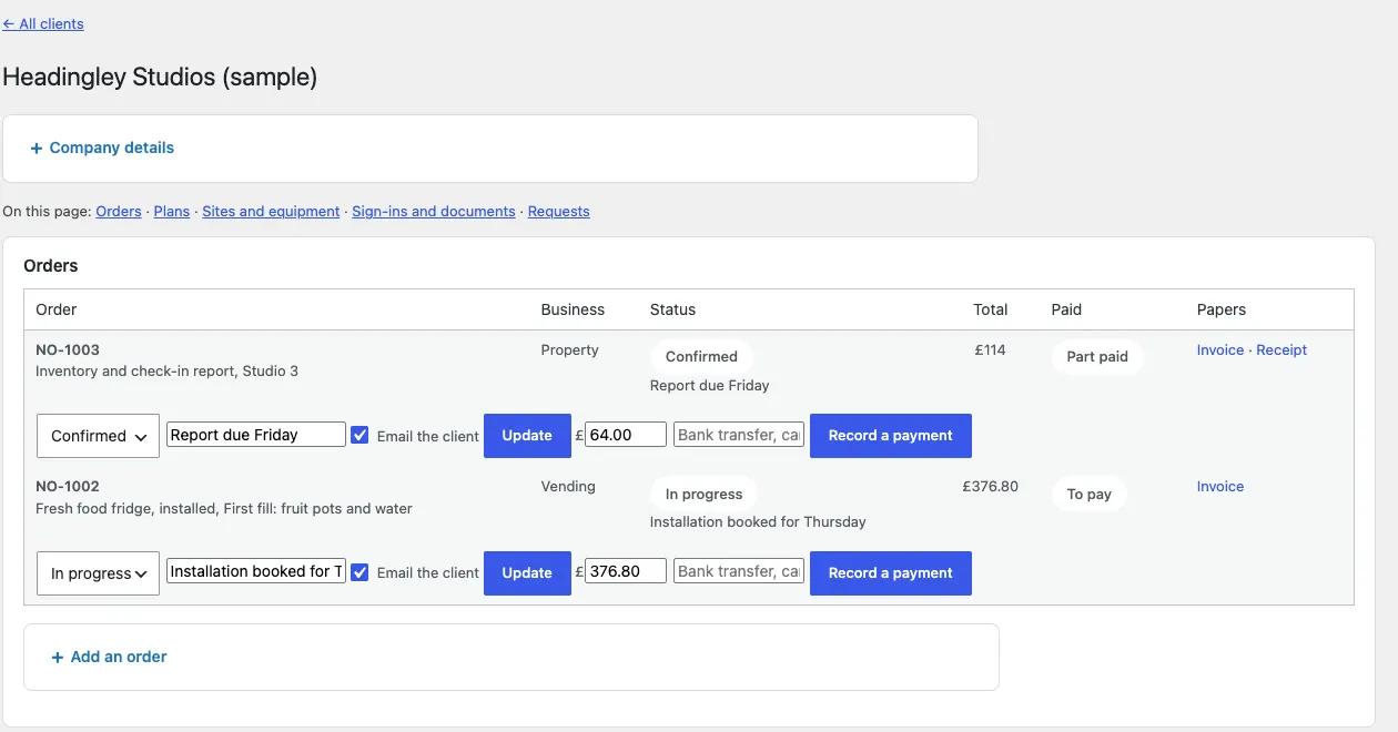 The top of the Headingley Studios client page: the Company details box, the On this page links, and the Orders table with NO-1003 (Property, Confirmed, Report due Friday, £114, Part paid, Invoice and Receipt) and NO-1002 (Vending, In progress, Installation booked for Thursday, £376.80, To pay, Invoice), each with its status, stage, Email the client, Update and Record a payment controls