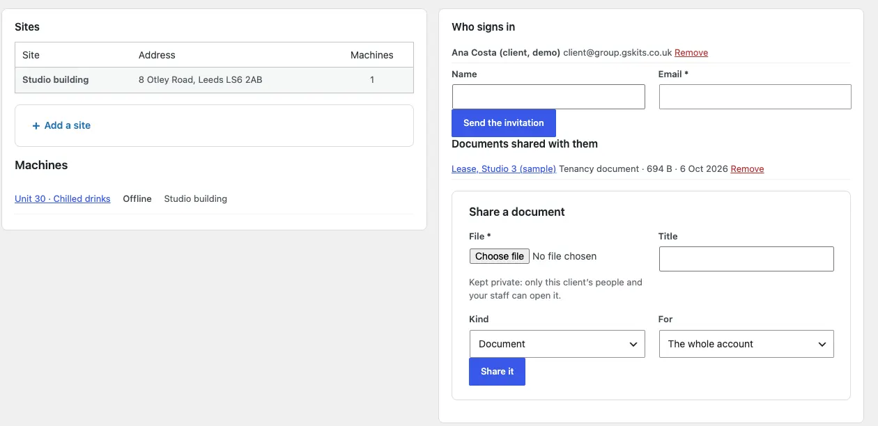 The Who signs in section listing Ana Costa with a Remove link and the Name and Email boxes with a Send the invitation button; beside it Documents shared with them listing "Lease, Studio 3 (sample)", and the Share a document form with File, Title, Kind and For and a Share it button