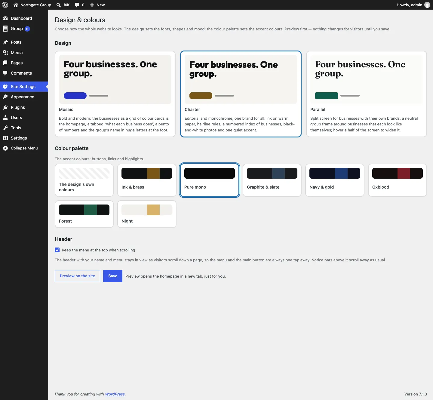 The Charter design selected, with its own colour palettes shown underneath and Pure mono selected