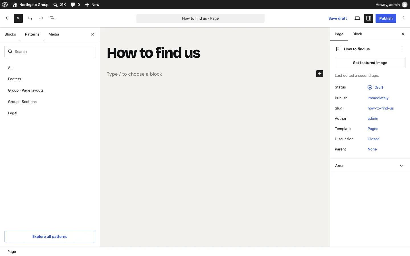 The Patterns tab listing All, Starter content, the Group kit's own categories ending in Page layouts and Sections, Footers and Legal, with an Explore all patterns button