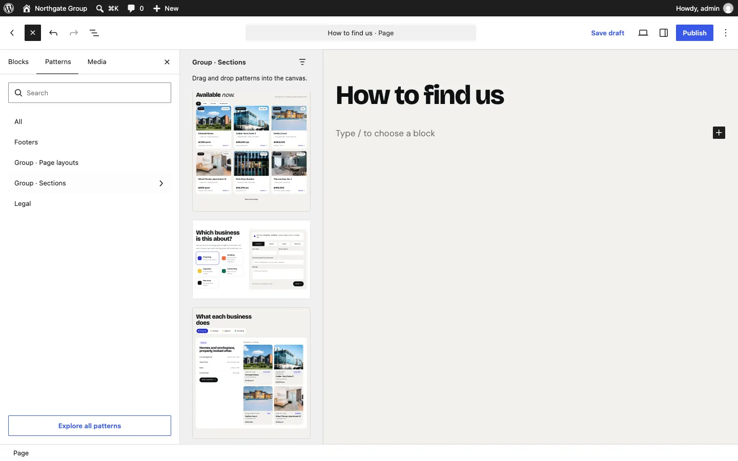 The previews of the Group kit's Sections category on the left, with the page on the right