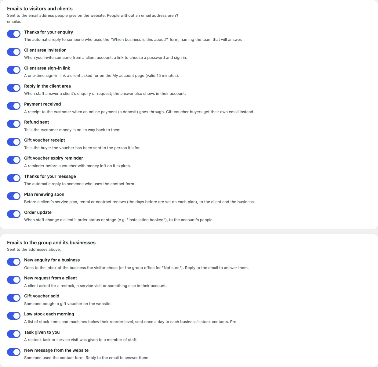 The Emails to visitors and clients and Emails to the group and its businesses cards, with a switch for each email and a line saying who gets it and when, all switched on