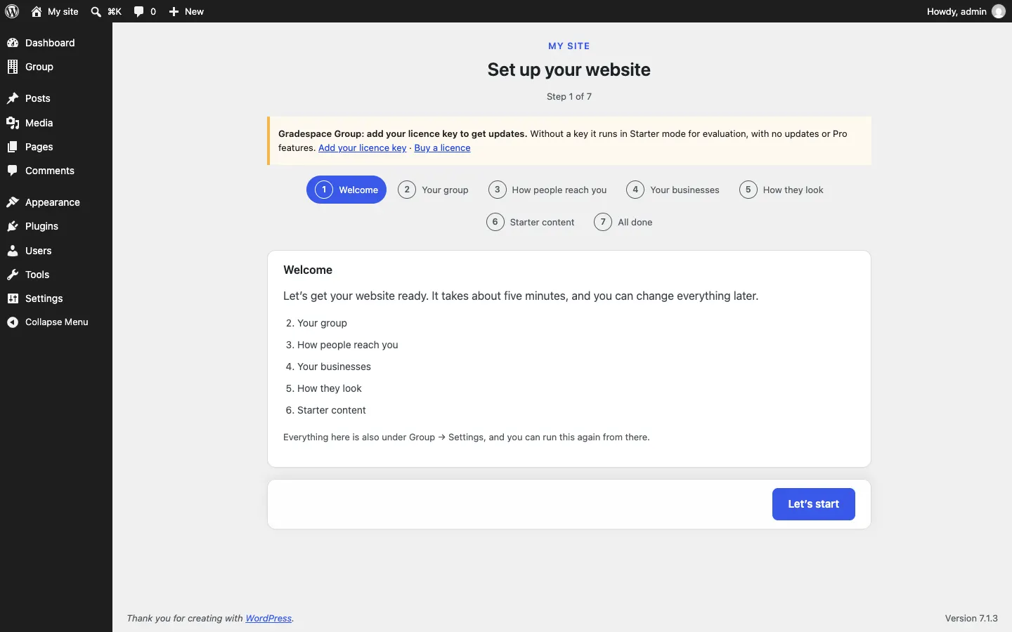 The setup wizard after the Gradespace Group plugin is activated, now with the kit's own steps in the bar, and the yellow notice "Gradespace Group: add your licence key to get updates" with links Add your licence key and Buy a licence