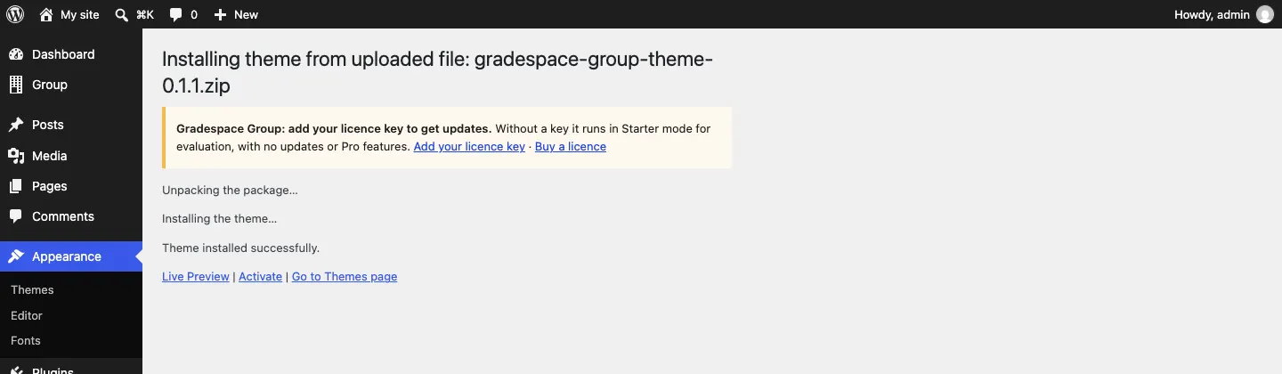 The message "Installing theme from uploaded file: gradespace-group-theme-….zip ... Theme installed successfully." with Live Preview, Activate and Go to Themes page links