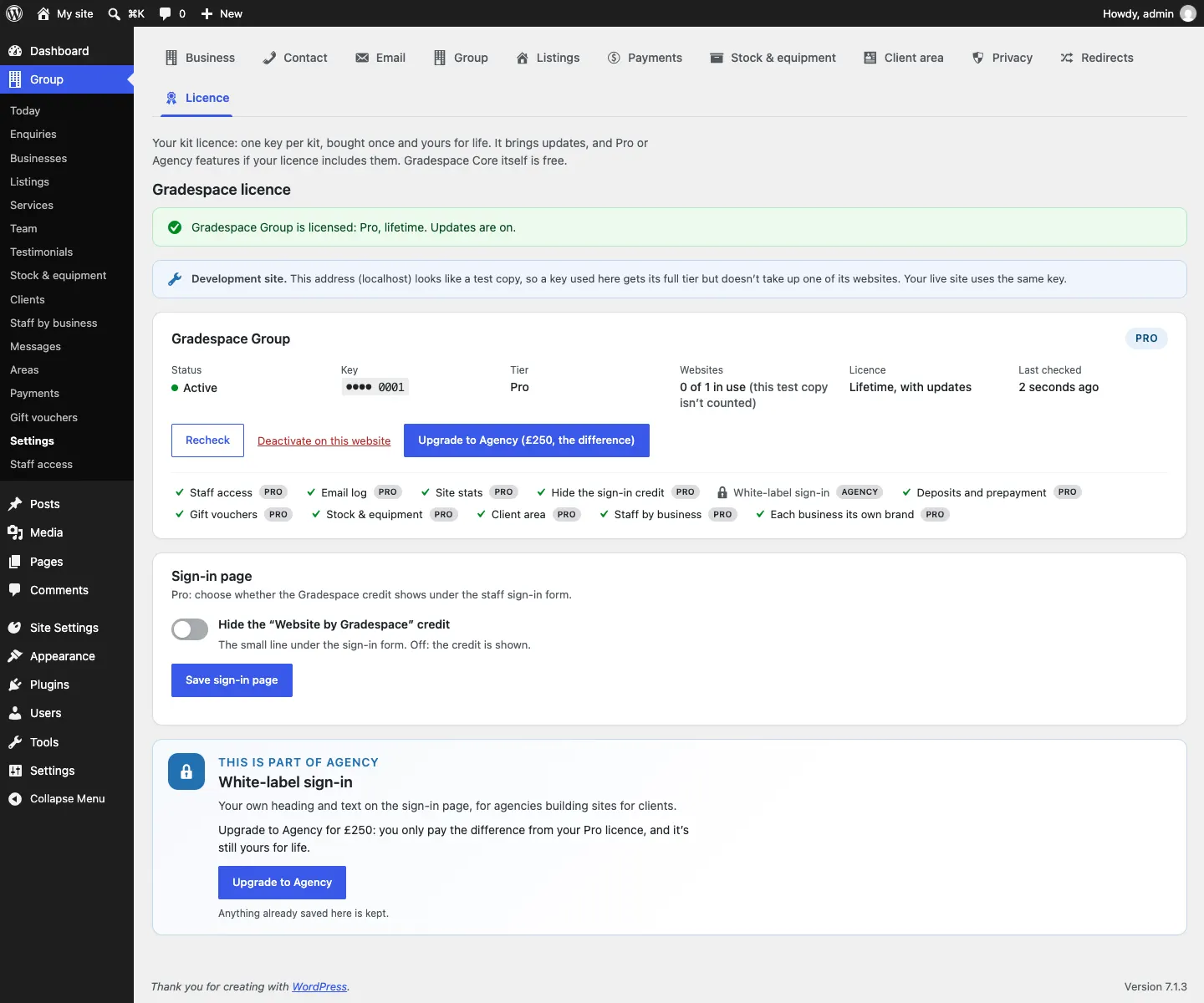 The Licence tab for Gradespace Clinic showing an active Pro licence with Recheck, Deactivate on this website and Upgrade to Agency (£250, the difference) buttons