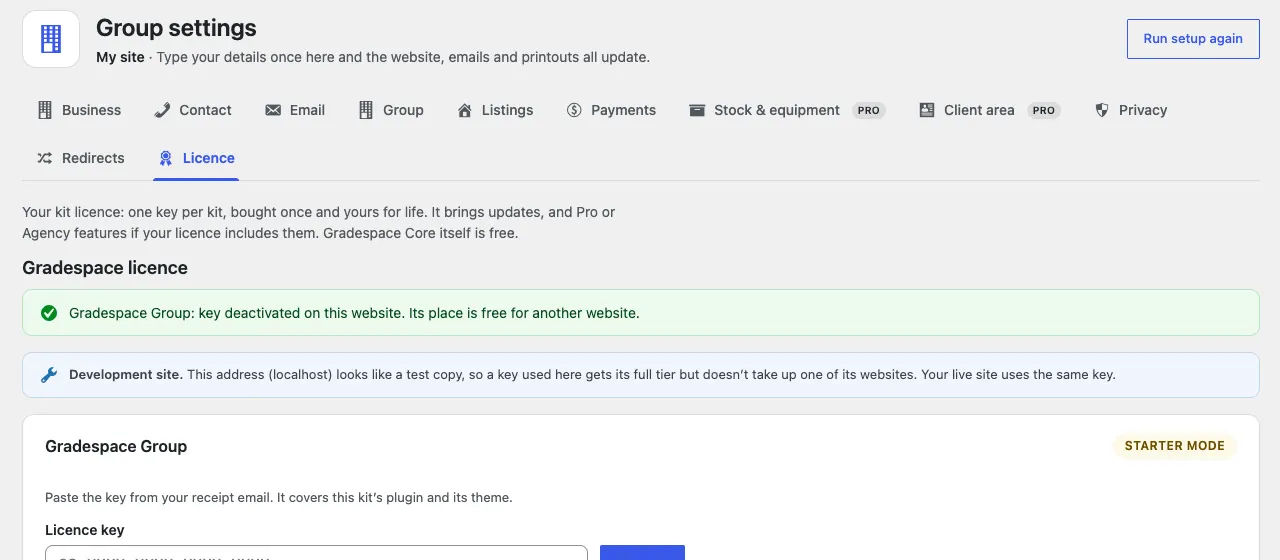 The green message "Gradespace Group: key deactivated on this website. Its place is free for another website." above the licence card, now back in Starter mode