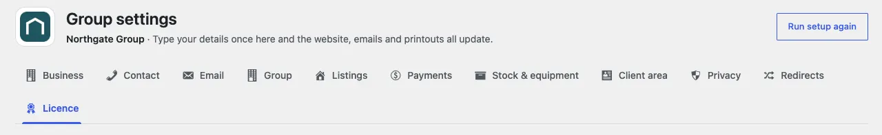 The top of the Group settings screen, with the Run setup again button on the right and the tabs Business, Contact, Email, Group, Listings, Payments, Stock & equipment, Client area, Privacy, Redirects and Licence