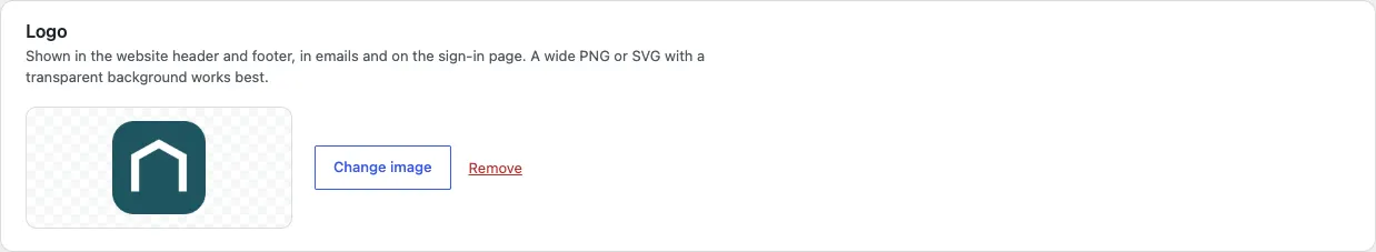 The Logo card on the Business tab, with the logo in the preview box, a Change image button and a Remove link