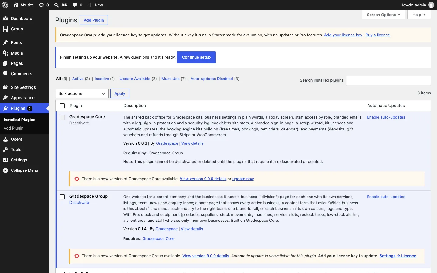 The Plugins screen without a licence key: under Gradespace Group, "There is a new version of Gradespace Group available. View version details. Automatic update is unavailable for this plugin. Add your licence key to update: Settings → Licence.", while Gradespace Core offers "update now"