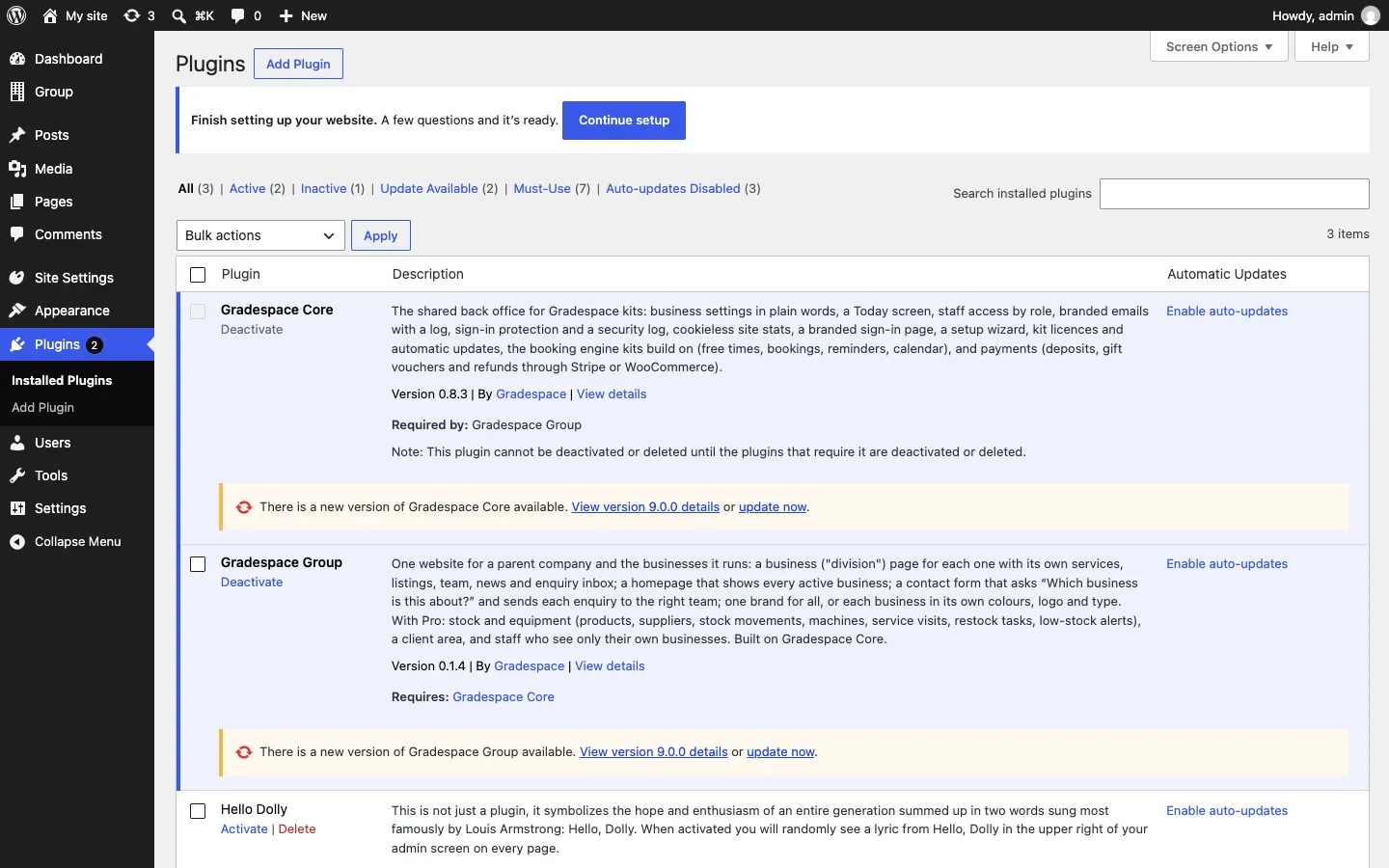 The Plugins screen with yellow lines under Gradespace Group and Gradespace Core: "There is a new version of Gradespace Group available. View version details or update now."