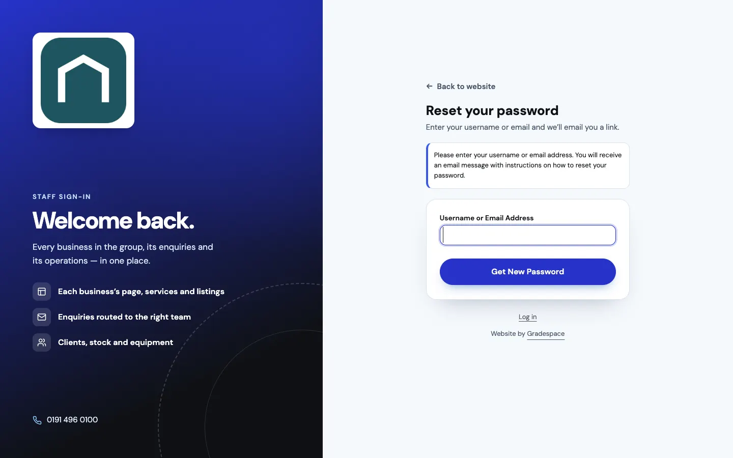 The Reset your password page: "Enter your username or email and we'll email you a link.", a Username or Email Address box, a Get New Password button and a Log in link