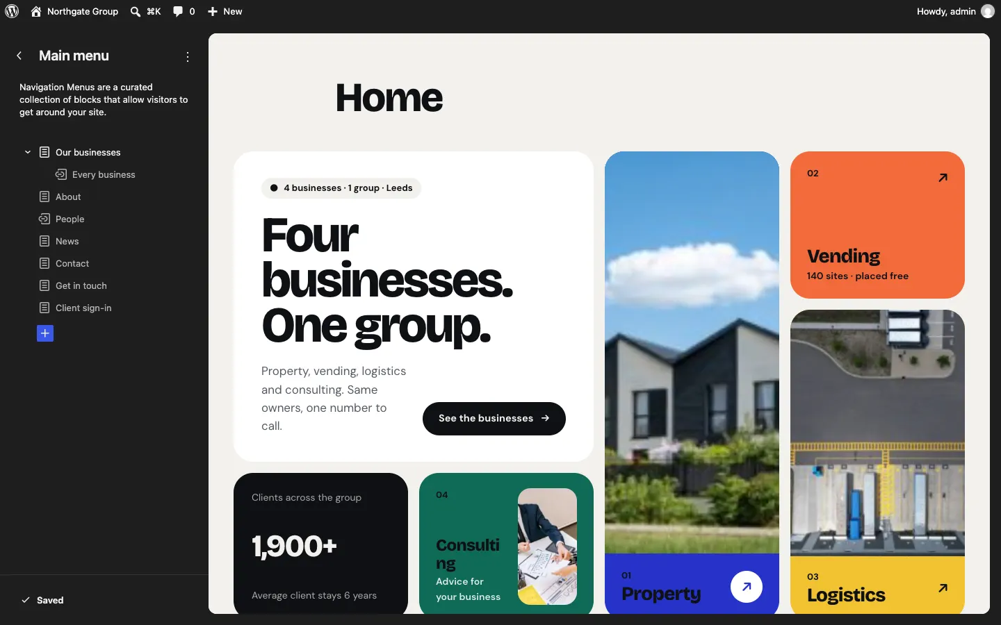 The Main menu panel in the Site Editor listing Our businesses, Every business, About, People, News, Contact, Get in touch and Client sign-in, with a blue + button below to add a link, and the home page shown on the right