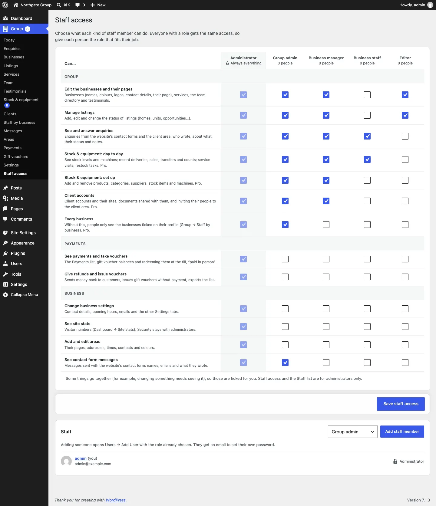 The Staff access grid for Group, with columns Administrator (Always everything), Group admin, Business manager, Business staff and Editor, and rows of what each role can do, grouped by area, with Save staff access below and the Staff card at the bottom