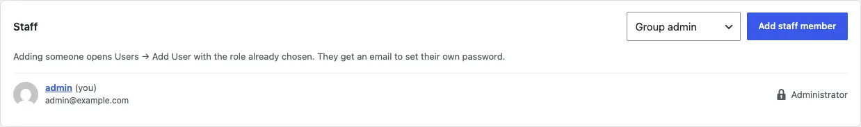 The Staff card at the bottom of Staff access, with the role list (Group admin, Business manager, Business staff and Editor) showing Group admin, an Add staff member button, the line "Adding someone opens Users → Add User with the role already chosen. They get an email to set their own password." and the administrator below