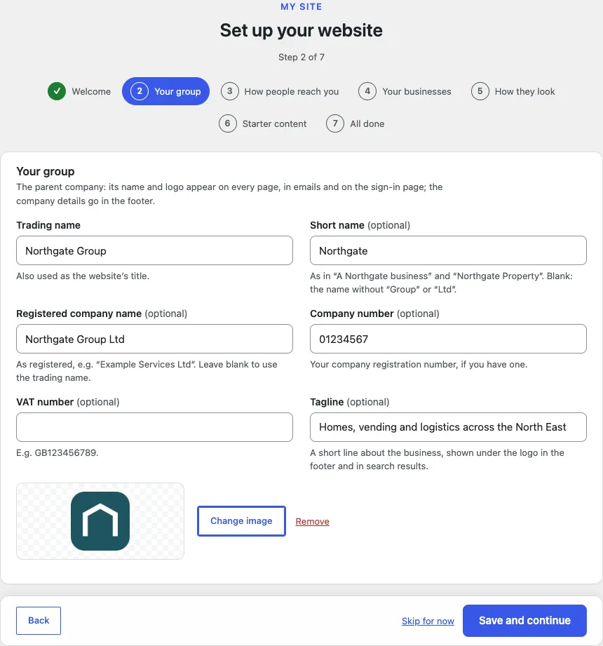Step 2 of 7, Your group, filled in with Northgate Group, short name Northgate, Northgate Group Ltd, company number 01234567, an empty VAT number and the tagline Homes, vending and logistics across the North East, and the sample logo in the logo box with Change image and Remove next to it