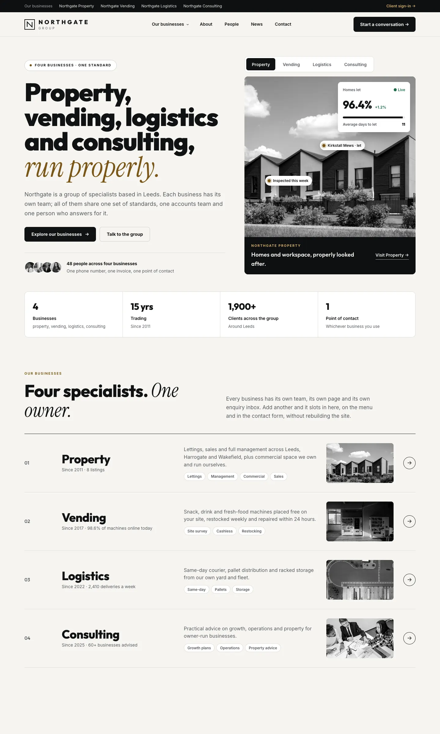The Charter homepage on a computer: a bar at the top listing Northgate Property, Vending, Logistics and Consulting, the heading "Property, vending, logistics and consulting, run properly." and a black-and-white photo with tabs for each business