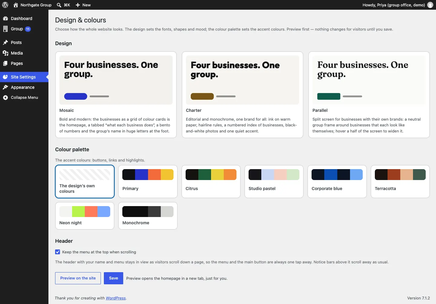 The Design & colours screen with the three design cards (Mosaic, Charter, Parallel), eight colour palette swatches from The design's own colours to Monochrome, the Keep the menu at the top when scrolling tick box, and the Preview on the site and Save buttons
