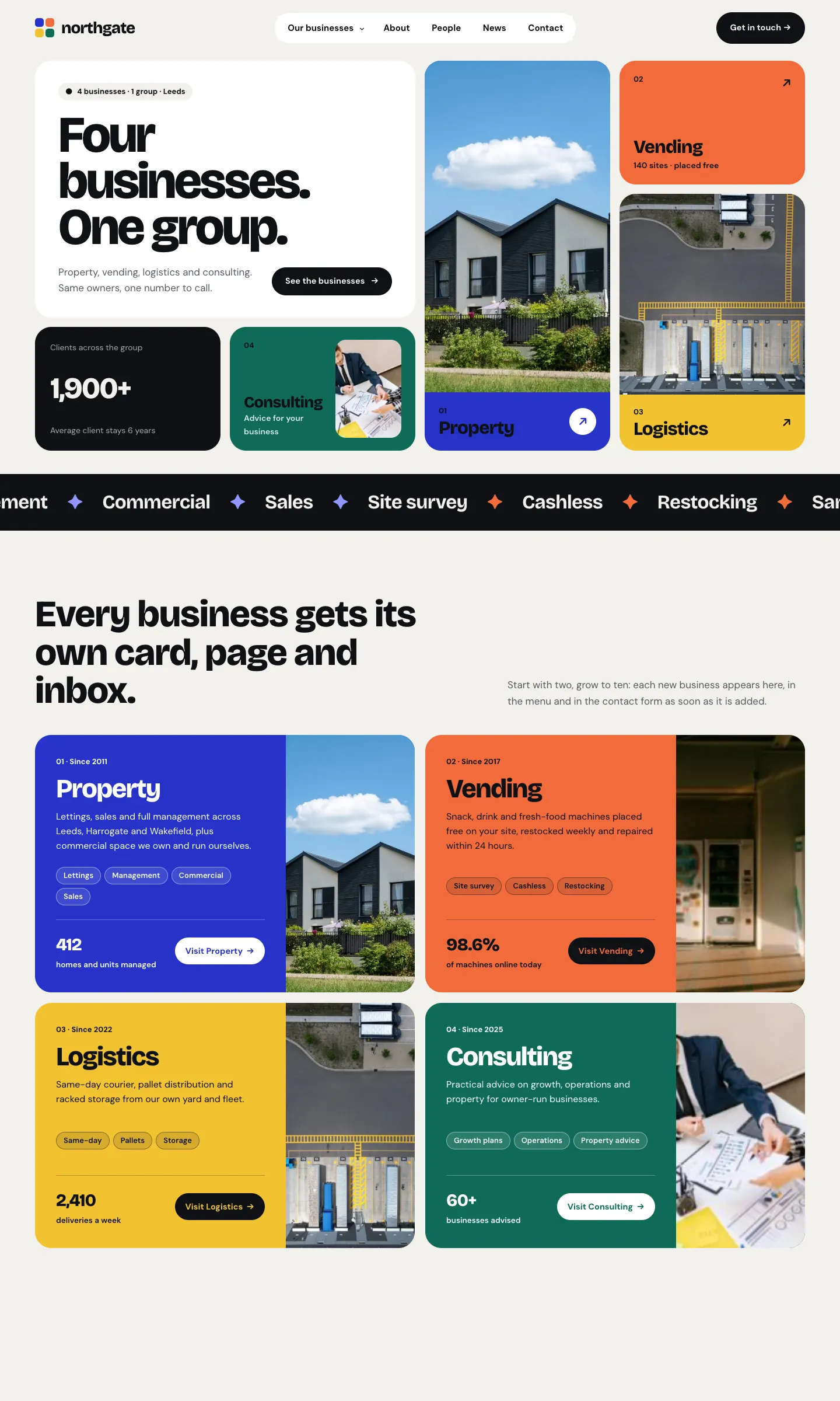 The Northgate Group demo homepage in the Mosaic design, with a large heading "Four businesses. One group." and a grid of coloured cards for Property, Vending, Logistics and Consulting