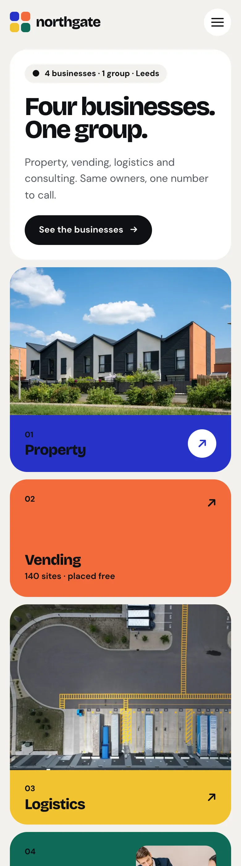 The Mosaic homepage on a phone: the heading, the See the businesses button and the business cards stacked one above the other