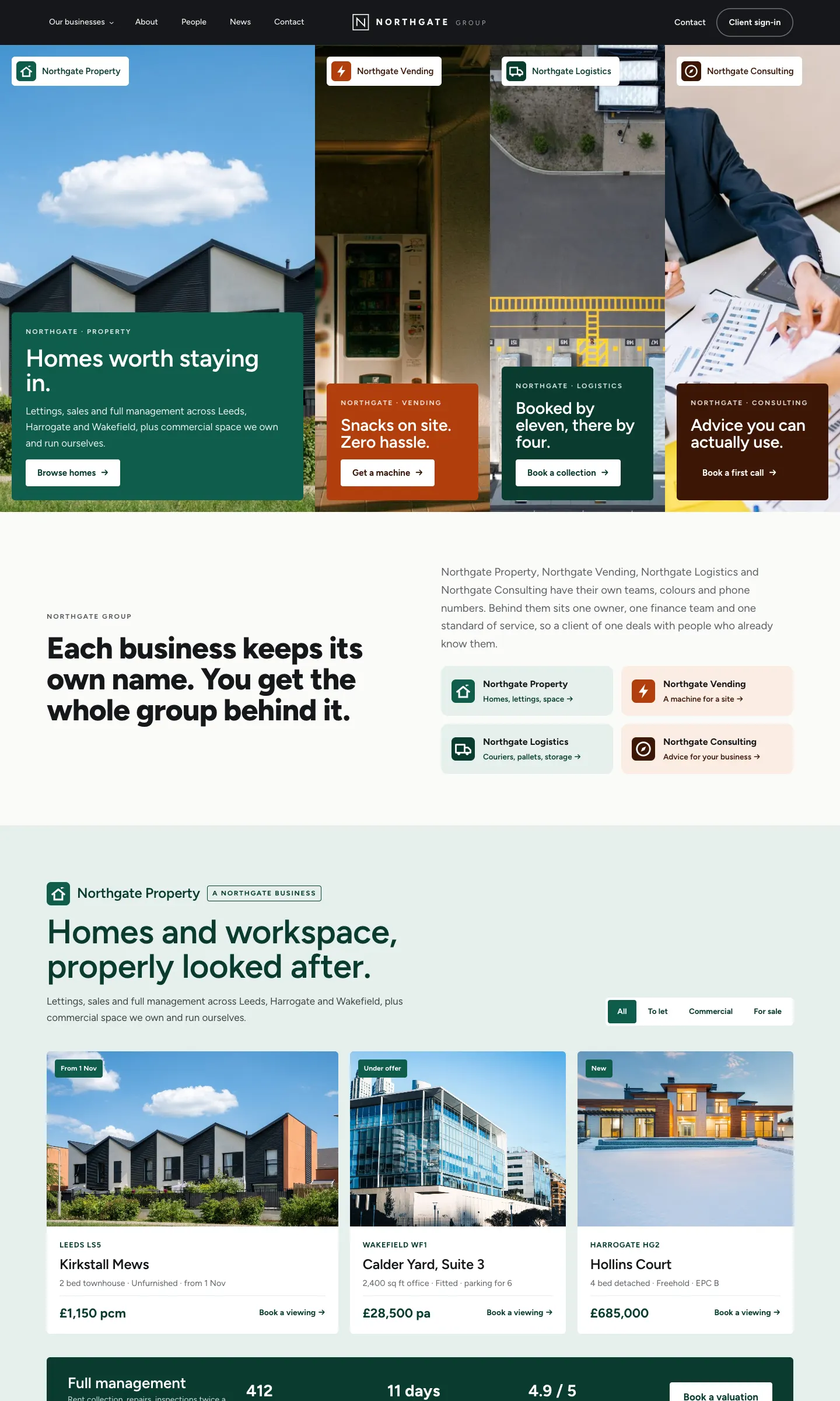 The Parallel homepage on a computer: a dark menu bar with a Client sign-in button, then four tall panels side by side for Northgate Property (green, Browse homes), Vending (orange, Get a machine), Logistics (dark green, Book a collection) and Consulting (brown, Book a first call), then the line "Each business keeps its own name. You get the whole group behind it." and Property's listings