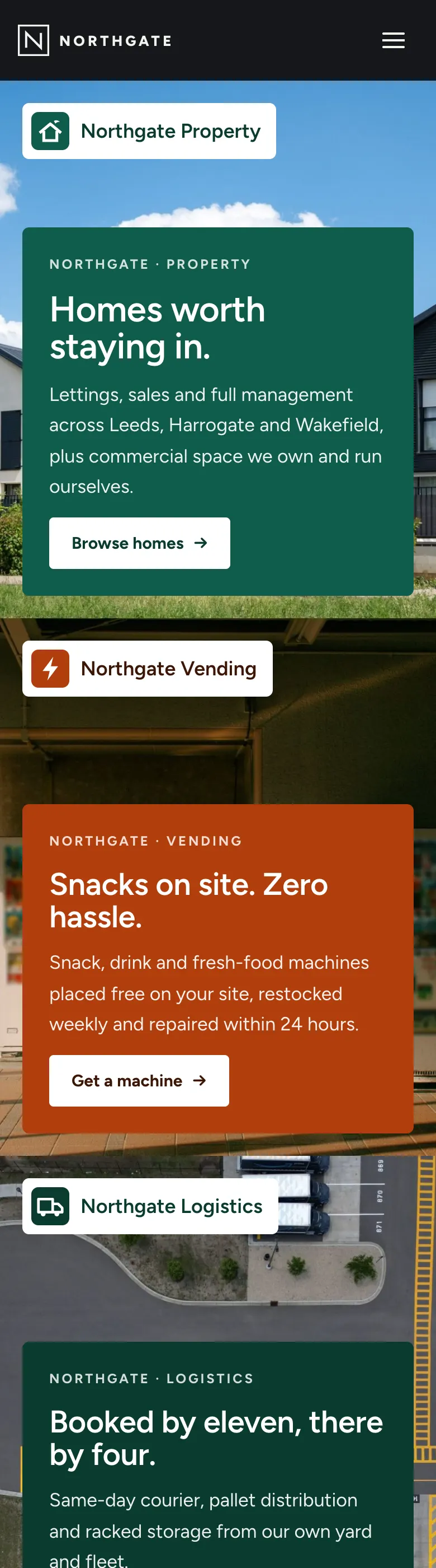 The Parallel homepage on a phone: each business as a full-width panel in its own colour, such as Northgate Property in green with a Browse homes button and Northgate Vending in orange with a Get a machine button