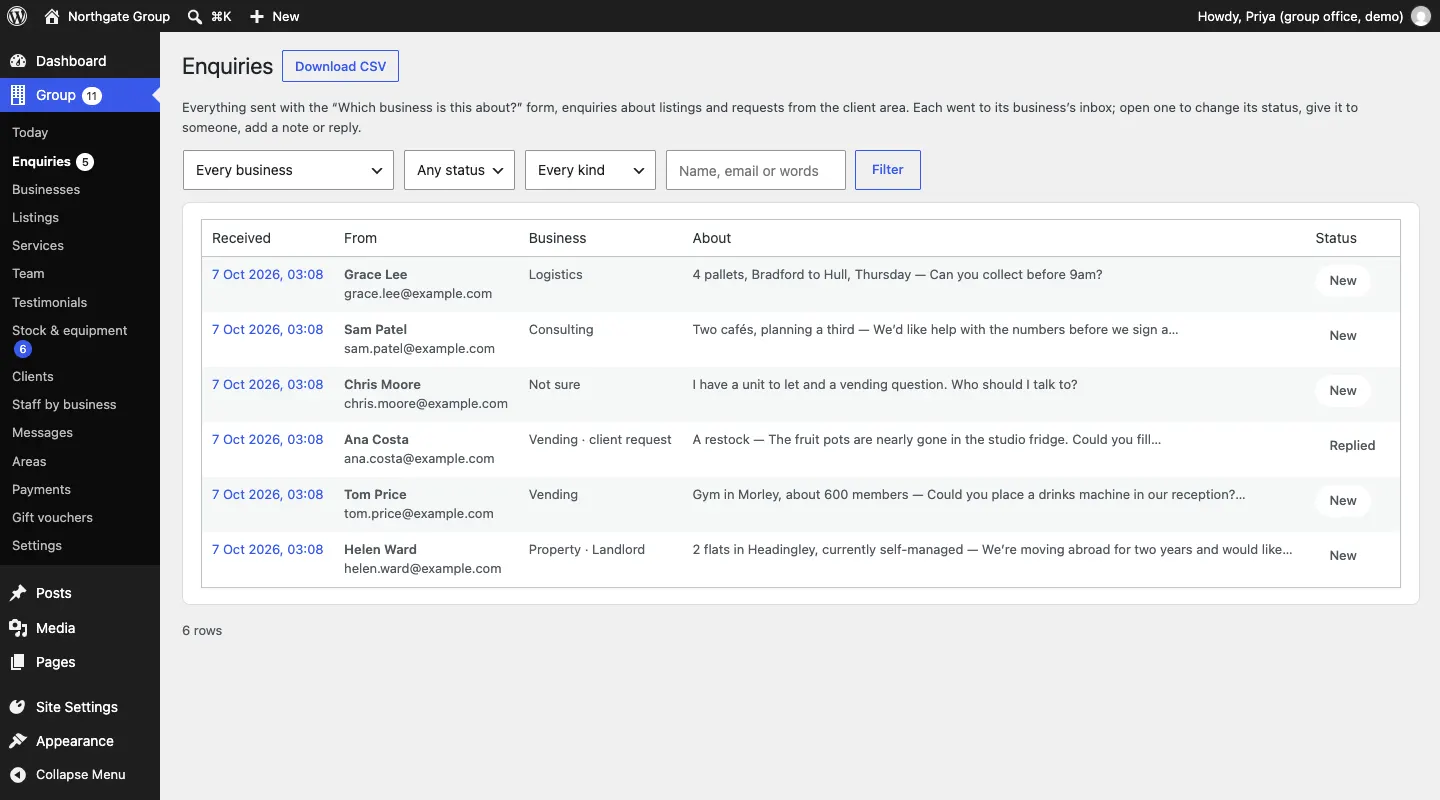 The Enquiries list with filters for Business, Status and Kind and a search box, and six enquiries: Helen Ward (Property · Landlord), Tom Price (Vending), Grace Lee (Logistics), Sam Patel (Consulting), Chris Moore (Not sure), all New, and Ana Costa (Vending · client request), Replied