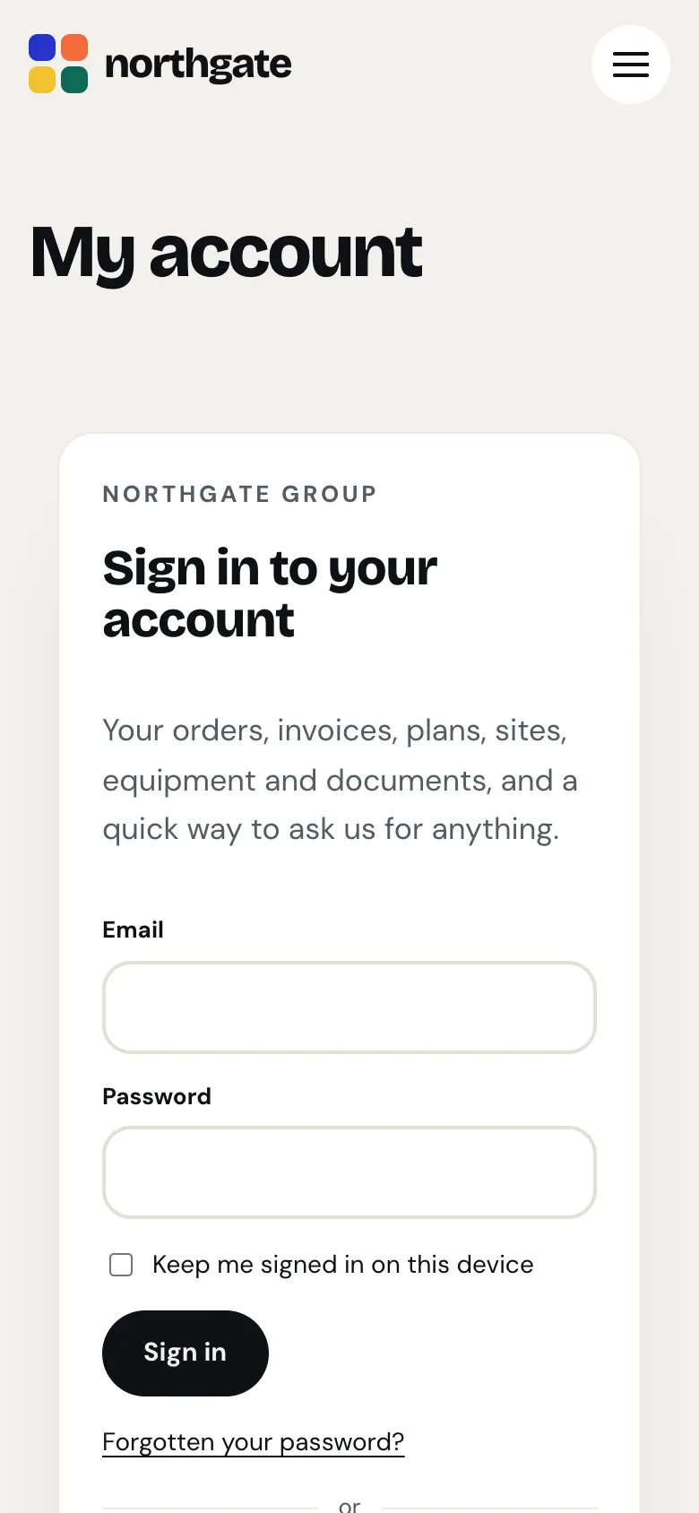 The same sign-in card on a phone, with the Email and Password boxes filling the width of the screen