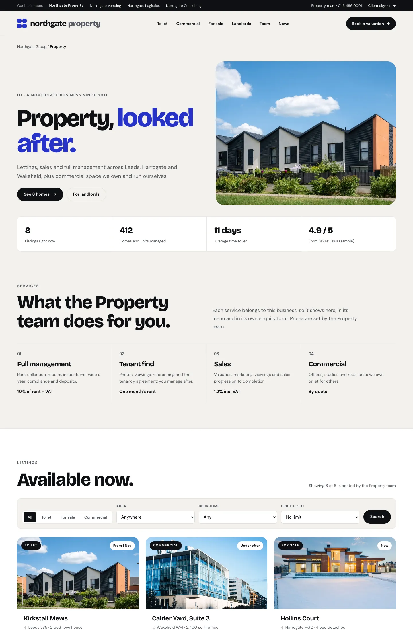 The Northgate Property page: a bar of the group's businesses at the top, the business's own menu (To let, Commercial, For sale, Landlords, Team, News) with a Book a valuation button, the heading "Property, looked after.", four figures, the four services with their prices, and the listings with filters