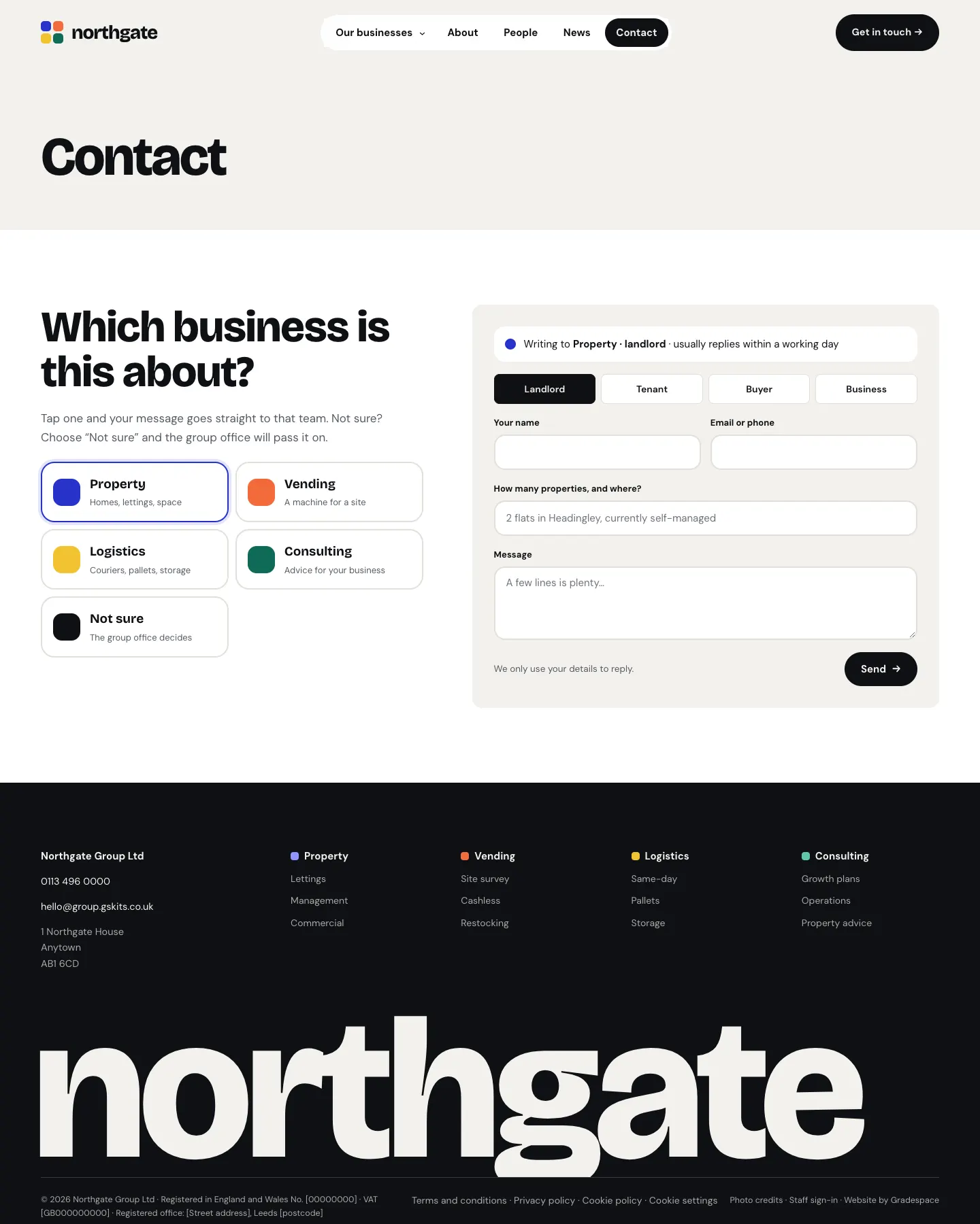 The contact page: on the left the heading "Which business is this about?" and buttons for Property, Vending, Logistics, Consulting and Not sure; on the right the form, saying "Writing to Property · landlord · usually replies within a working day", with Landlord, Tenant, Buyer and Business choices, name, email or phone, the question "How many properties, and where?", a message box and a Send button