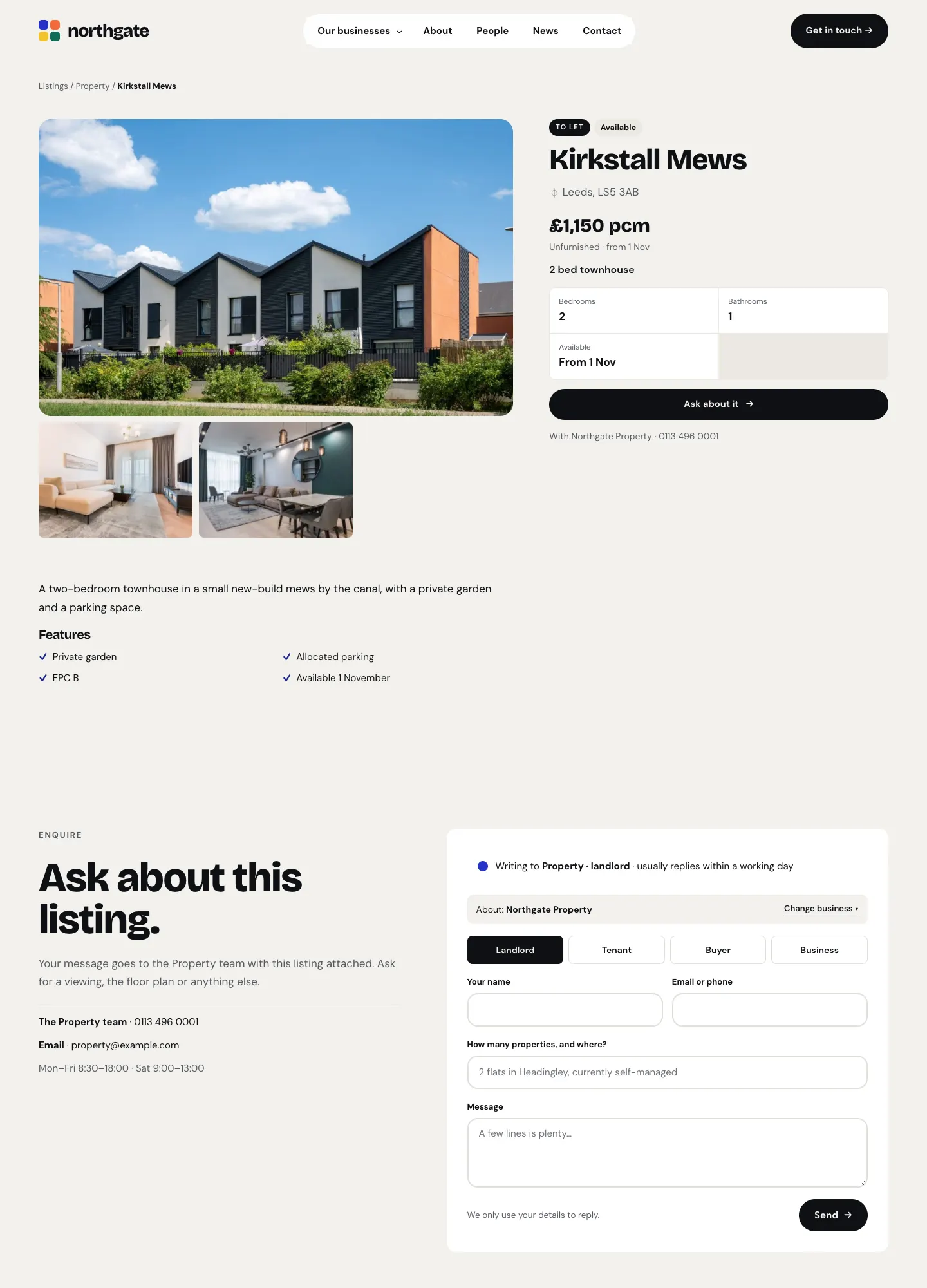 A listing's page on the website: the main photo with two smaller ones, the To let and Available labels, the price £1,150 pcm with "Unfurnished · from 1 Nov", bedrooms, bathrooms and available date, an Ask about it button, the features list, and below them the full-width Ask about this listing section: the Property team's phone, email and hours on the left and the enquiry form (Writing to Property · landlord, Landlord, Tenant, Buyer and Business choices, name, email or phone, question, message and Send) on the right