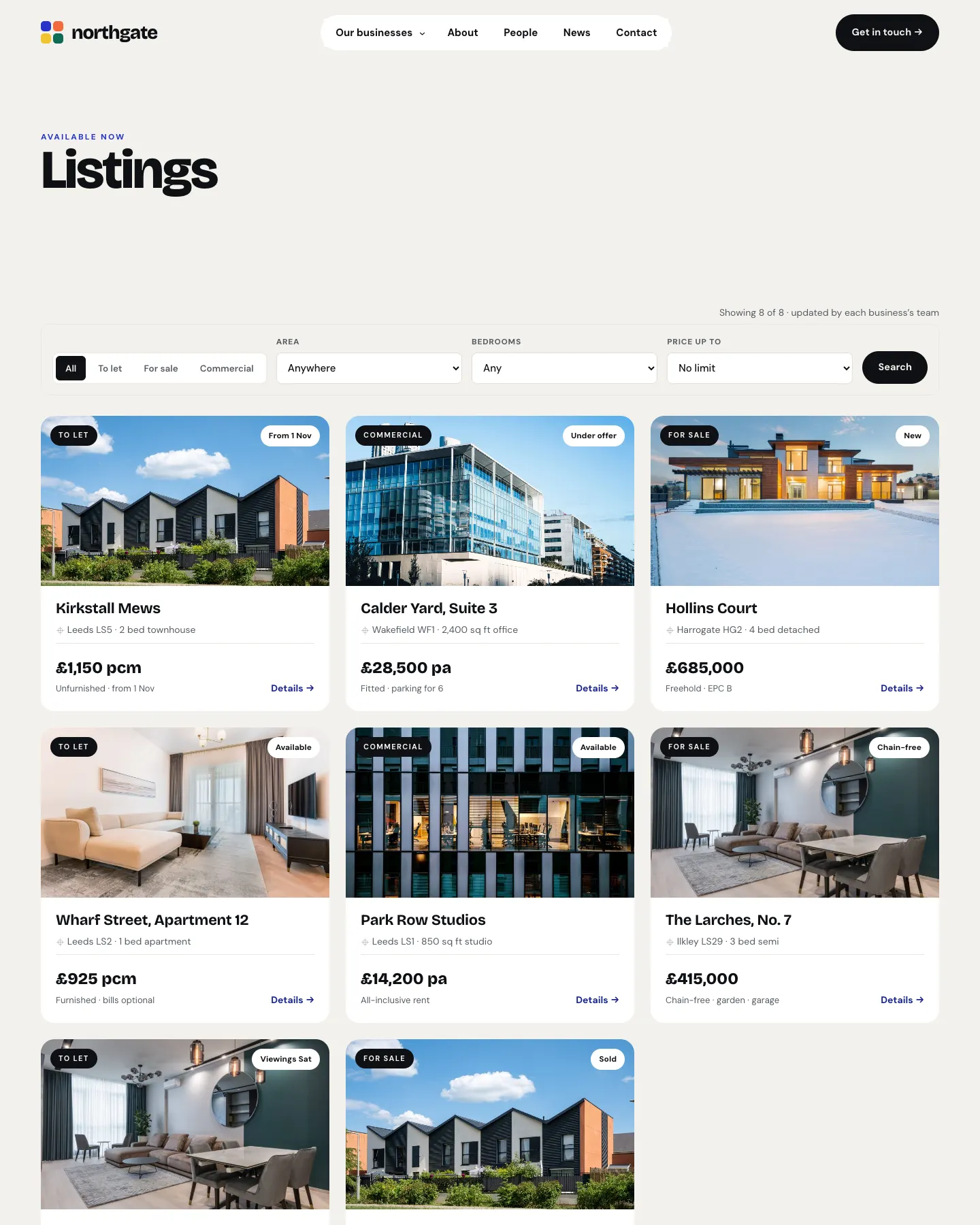 The listings page on the website with filters for type, area, bedrooms and price, and cards for each listing with its photo, type, status, place and price
