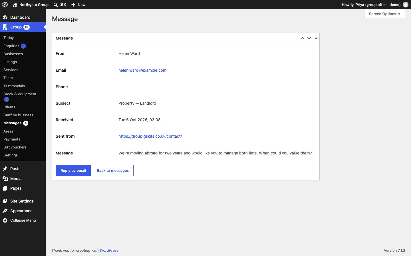 An open message from Helen Ward: her email, no phone, the subject "Property — Landlord", received Tue 6 Oct 2026, sent from the contact page, her message, and the Reply by email and Back to messages buttons