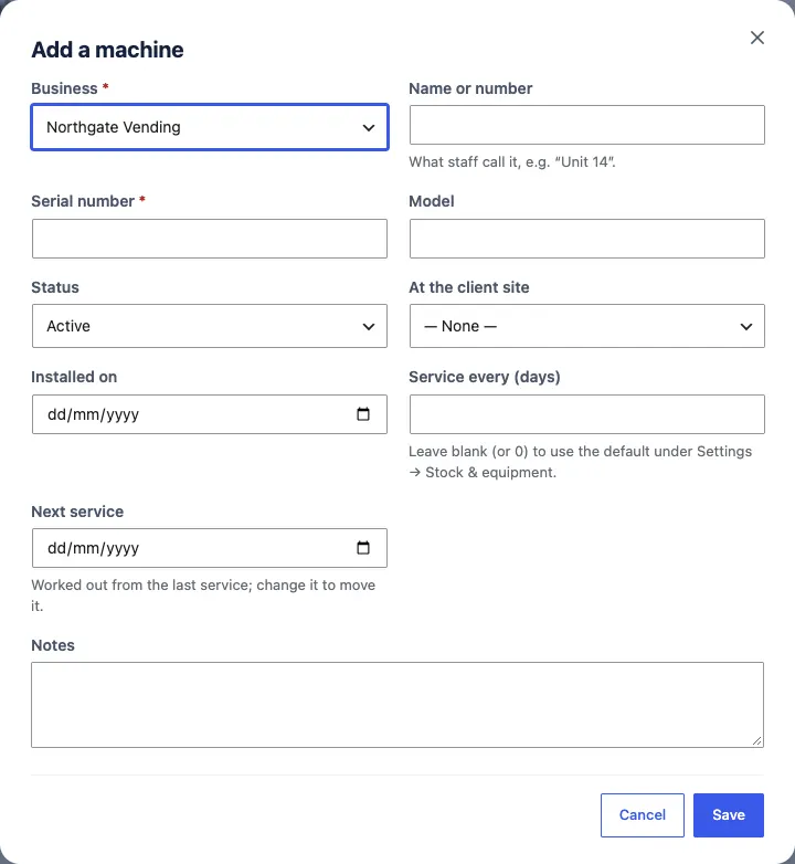 The Add a machine box with Business, Name or number, Serial number, Model, Status, At the client site, Installed on, Service every (days), Next service and Notes
