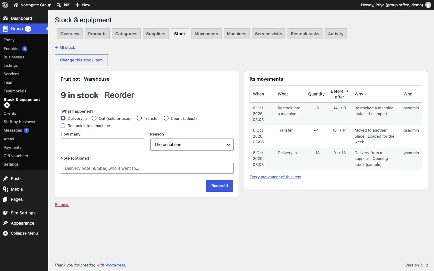 The stock item page for Fruit pot in the Warehouse: 9 in stock, the What happened? choices (Delivery in, Out, Transfer, Count, Restock into a machine), How many, Reason, Note and Record it, and below, Its movements showing a restock of −5, a transfer of −4 and a delivery of +18, each with before and after, why and who