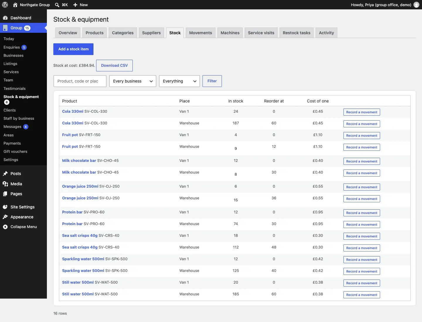 The Stock tab: "Stock at cost: £384.94", a Download CSV link, filters, and sixteen stock items such as Cola 330ml in Van 1 (24) and in the Warehouse (187, reorder at 60), each with a Record a movement link