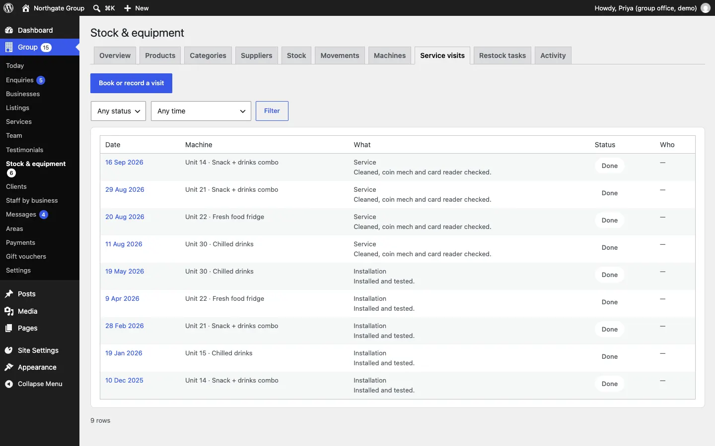 The Service visits tab listing nine visits with date, machine, what was done and status, with filters for status and Due this week or overdue