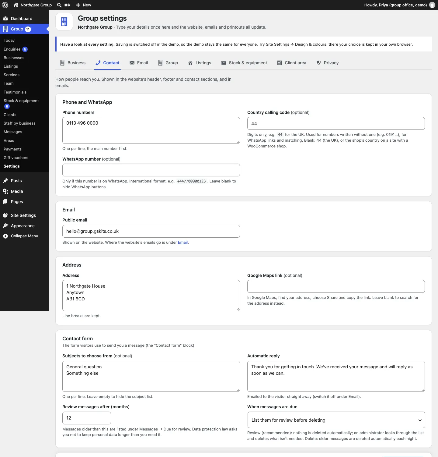 The Contact tab: phone numbers, country calling code, WhatsApp, public email, address, Google Maps link, the contact form's subjects, automatic reply and the message review settings