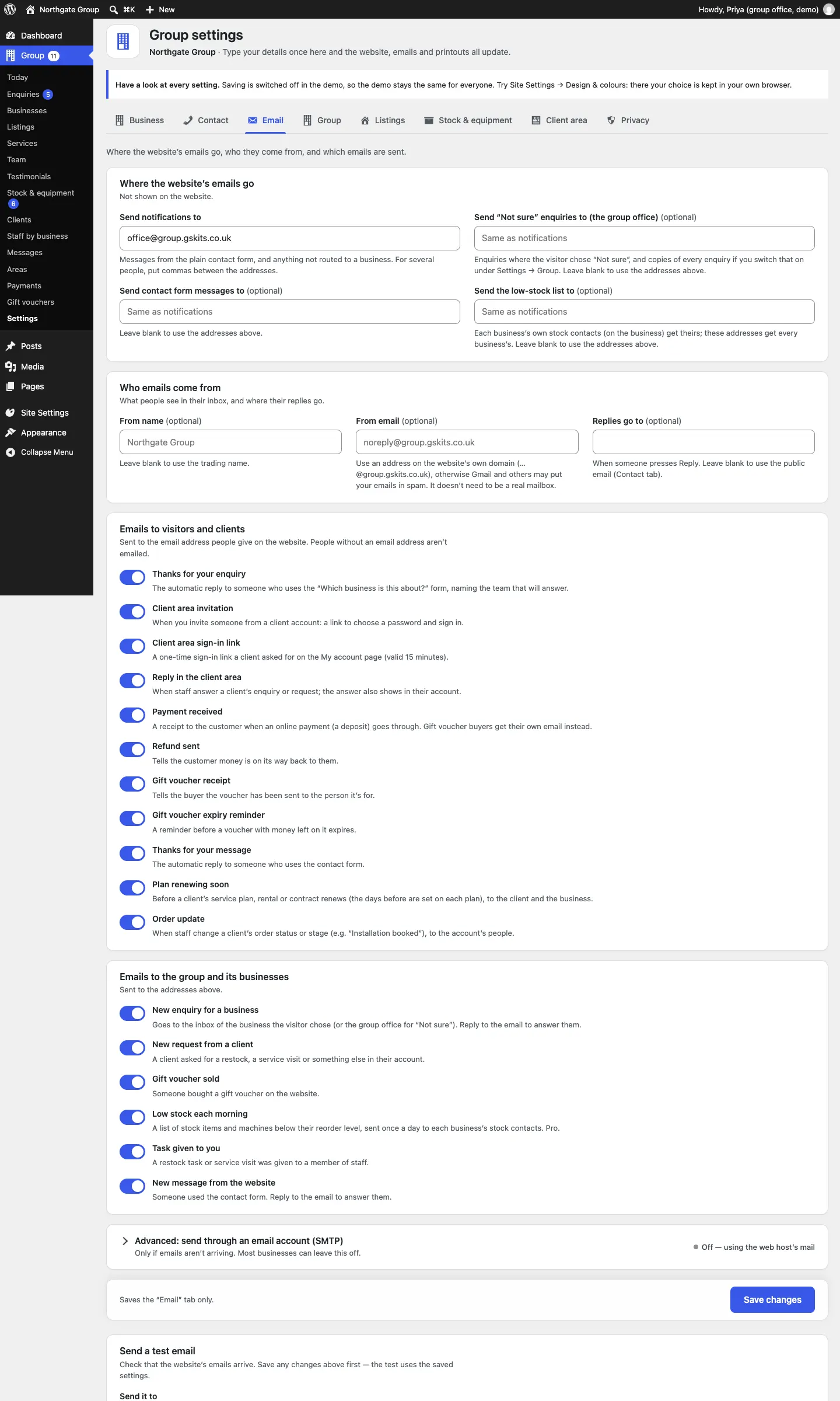 The Email tab: Send notifications to, Send “Not sure” enquiries to, Send contact form messages to and Send the low-stock list to, Who emails come from, the list of emails to visitors and clients and to the group and its businesses, the SMTP option and Send a test email