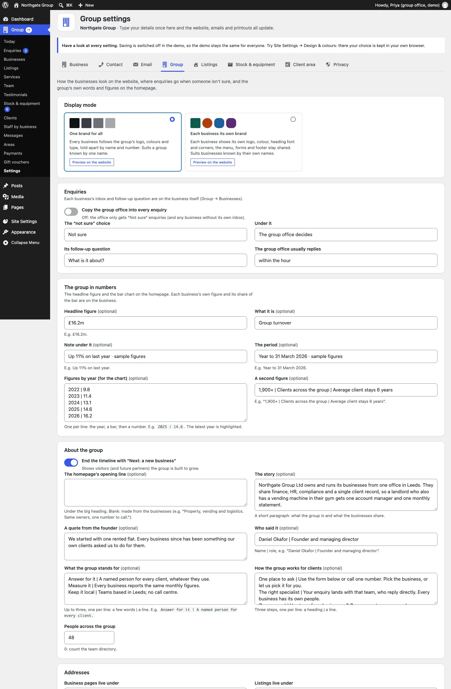 The Group tab with Display mode, Enquiries, The group in numbers, About the group and Addresses