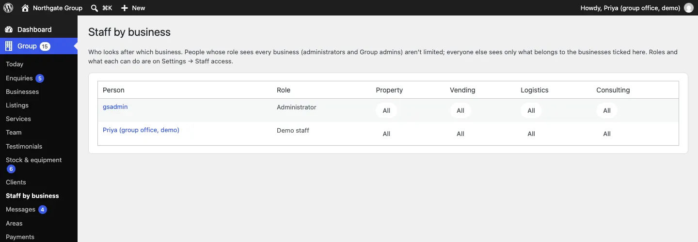 The Staff by business screen: "Who looks after which business", with a row for each person, their role, and a column for Property, Vending, Logistics and Consulting; the administrator and the demo staff member show "All" in every column because their role sees every business
