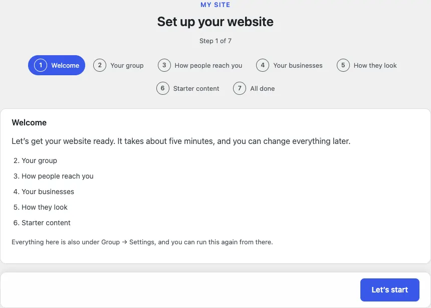 Step 1 of 7, Welcome: "Let's get your website ready. It takes about five minutes" with the numbered list of the steps ahead and a Let's start button